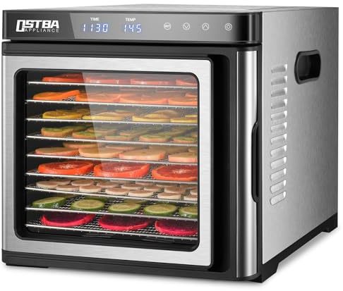 OSTBA Deshidratador de Alimentos, 9 Bandejas Acero Inoxidable, Control Táctil LED, Temperatura Regulable 35-75°C, Temporizador 48H, 1000W Deshidratador de Frutas y Verduras, Sin BPA