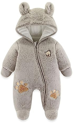 JiAmy Newborn Baby Winter Hooded Romper, Cartoon Zipper Footie Fleece Snowsuit Jumpsuit Outfits Grey 3-6 Months