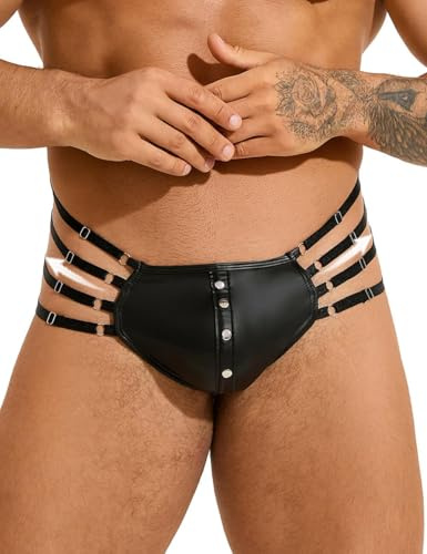 ohyeahlady Tanga Uomo Sexy Hot Perizoma in Pelle Gay String Aperto Mutande Slip Intimo Maschile Bikini a Vita Bassa T-Back Mankini Party Nero,XL