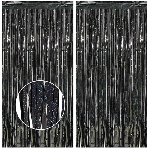 Feibmir 2 Stück Metallische Lametta Vorhänge,Glitzer Vorhang Deko,Folie Fringe Hintergrund Dekorative,für Geburtstagsfeier Baby Shower Hochzeit Weihnachten Dekorationen (Schwarz)