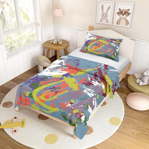 Hiseng 3D Ölfarbe Bettwäsche-Sets Kinder Bettwäsche Set mit Kissenbezug, Kuschel Bettwäsche mit Reißverschluss, Bettbezug für Mädchen und Jungen (220x240cm,Blau Grau)