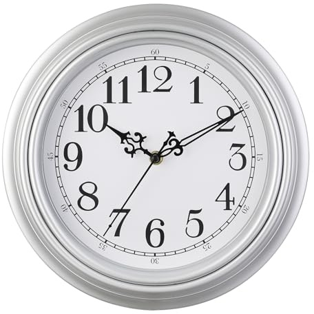 Plumeet Reloj de Pared Retro, Reloj Silencioso Clásico sin Tic-TAC de 30cm, Adecuado para Decorar Sala/Dormitorio/Oficina - Alimentado por Batería, Plata
