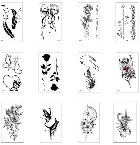 Qpout Tatuaggi temporanei neri per bambini e adulti, tatuaggi finti per uomini, donne, ragazze e ragazzi, tatuaggi temporanei con piume, farfalle, fiori e totem tribali