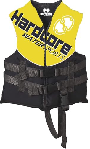 Hardcore Coast Guard type III PFD for youth child teen adult; Life vest flotation device; life jacket paddle vest for big kids, Jet ski, wakeboard, hardshell kayak life jacket Yellow Child (30-50 lbs)