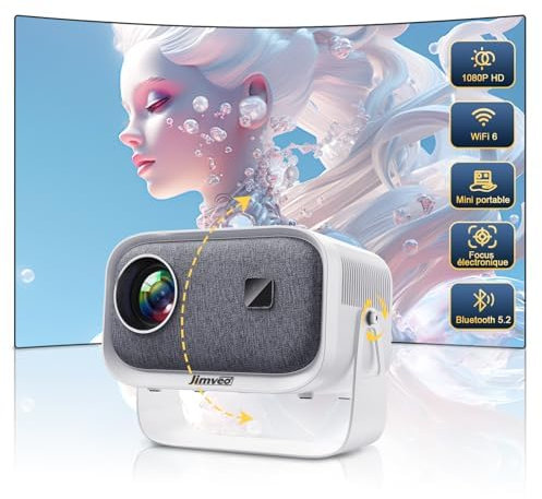 Beamer【Elektrischer Fokus/Trapezkorrektur】±360° Rotating 19000L 1080P HD Mini Beamer Jimveo Sky Beamer WiFi6 Bluetooth Projektor Unterstützt 4K Heimkino 300'' Display mit TV Stick/iOS/Android/USB