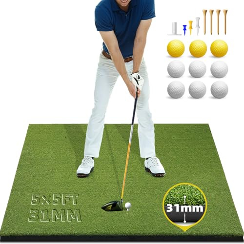 Golfmatta – 1,5 x 1,5 m 31 mm tjocka golfmattor övning utomhus/inomhus, träningshjälp för konstgräs för körning i bakgården, med 8 t-shirts, 9 bollar, perfekta gåvor för golfare