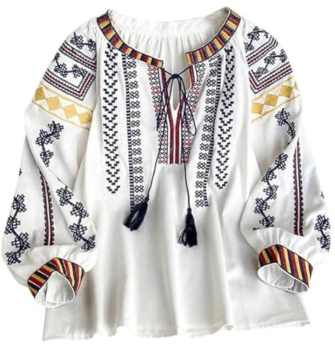 Fituenly Blusas Mexicanas Bordadas, Camisas De Verano para Mujer, Blusas Hippie Campesinas con Cuello En V, Túnica