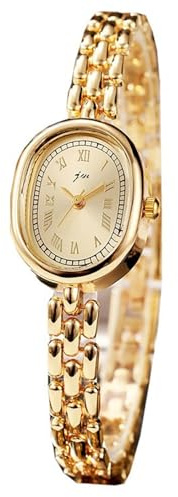 PASOY Women’s Bracelet Watch Small Face – Elegant Oval Quartz Analog Wristwatch with Metal Link Band, Gold & Silver Options, Slim Roman Numeral Dial Dress Watch for Ladies (Gold)