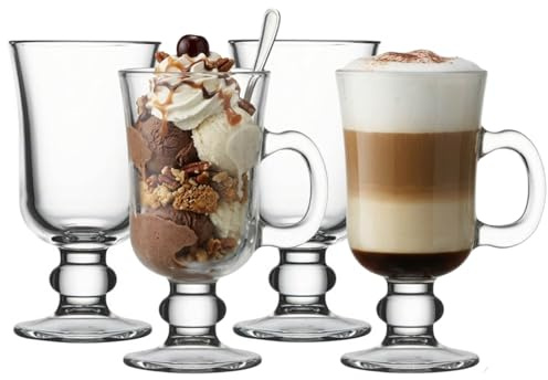 UNIQUE HOME LIVING Irish Coffee Glasses, Set of 4 Latte Glasses, 200ml Coffee Mugs with Handle, Footed Design for Ice Cream Latte Cappuccino Hot Drinks Chocolate Espresso Cocktails