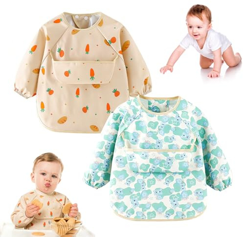 LIULINY 2 Pièces Bavoir Manches Longues Bebe, Imperméable Tablier Bebe pour Manger, Pliable Bavoir Tablier Bébés, pour que les Garçons Filles Puissent Manger, Dessiner Jouer (Carotte et Petit Ours)