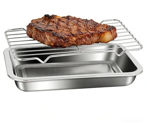 Bandeja de Horno con Rejilla Enfriadora, 315 x 215 x 45 mm | Apto para lavavajillas, Perfecta para Hornear Pasteles, Asados y Platos al Horno