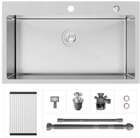 CECIPA Lavello Cucina 1 Vasca 75x45 cm, Lavandino Cucina con Tenda a Rullo Scarico, Lavello in Acciaio Inox 304 per Mobile di lunghezza 80cm con Sifone e Scarico