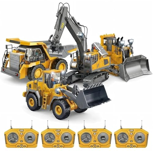 XKrmp 4-Pack RC Construction Vehicles Set, Alloy Excavator Dump Truck Bulldozer Loader, 2.4GHz Interference-Free Remote Control Trucks, Sandbox Digger Toys for Boys with Lights