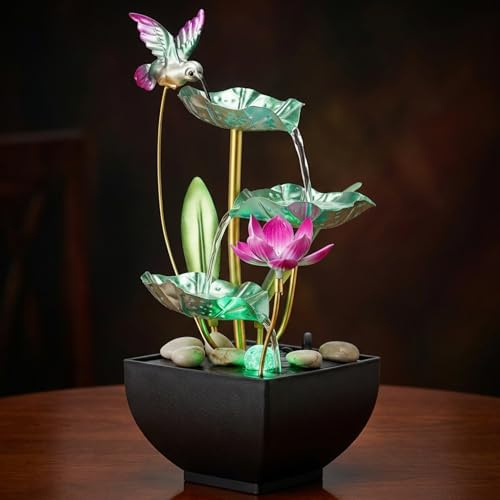 Fuente de agua de sobremesa con luces, cascada de escritorio de 3 niveles con hojas y rocas, para interiores, para el hogar, la oficina y el dormitorio. Fuente de sobremesa, cascada de escritorio