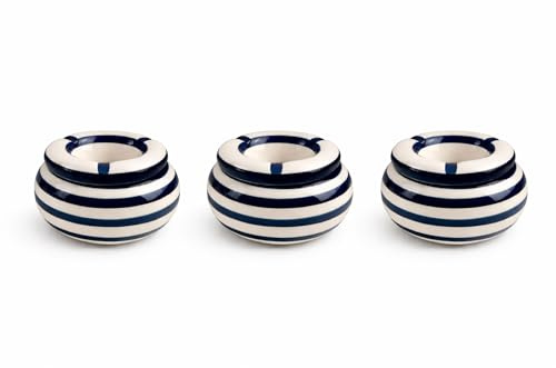 CLEARFEE | 3 posacenere | blu navy | ceramica | set posacenere antivento | a righe blu & , diametro 11 cm, inserto rimovibile, (set da 3) (blu marino)