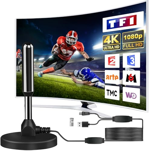 Antenne TV IntéRieur Puissante, Nouveau pour 2026 Antenne TNT IntéRieur Puissante, CâBle Coaxial De 5m, RéCeption Longue Distance 500km, 360 DegréS sans Angle Mort