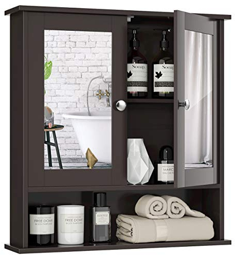 Tangkula Bathroom Medicine Cabinet with Mirror, Wall Mounted Wooden Hanging Organizer with Doors and Shelves, Bathroom Wall Mirror Cabinet (Mirror Doors, Brown)
