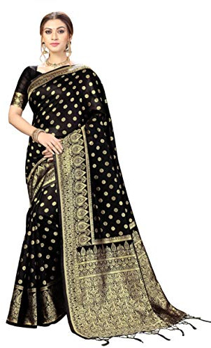 Nivah Fashion Sari da donna Kanjivaram Banarasi in seta artistica con pezzo di camicetta, Nero , Taglia unica