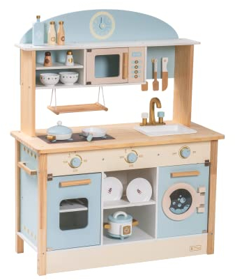 ROBUD Spielküchen aus Holz für Kinder & Kleinkinder, Puppenküche Zubehör mit Mikrowellenofen, Waschmaschine, Reiskocher, Geschirr| Geschenke ab 3 Jahren