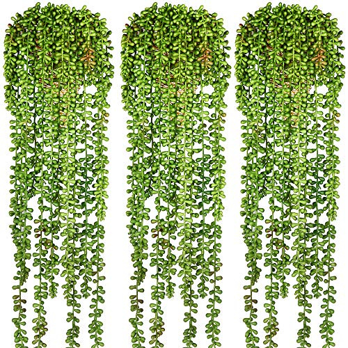 CLONG 3pcs Artificial Fake String of Pearls Plant Faux Succulents Hanging Plants for Wall Home Garden Decor