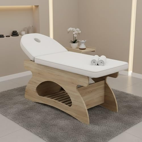 KEOPALIA LETTINO DA MASSAGGIO IN LEGNO CON RIPIANO PER MASSAGGIATORE ESTETISTA CENTRO ESTETICO SPA MASSAGGI CON MENSOLA SCHIENALE REGOLABILE FORO VISO 183 CM