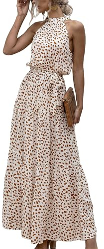 EFOFEI Femme Robe à Nœud Papillon à La Taille Robe De Plage Plissée Longue Robe De Soirée Bohème Robe De Mariée De Vacances Pois Beige XXL