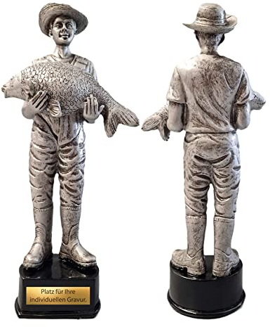 eberin · Angel Pokal · Angeln Pokal · Fischer Trophäe · Angler mit Karpfen auf schwarzem Sockel · mit Wunschtext · Größe 30 cm