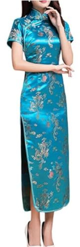 Black Sugar Vestido Qipao Largo y Corto de Mangas Cortas con Diseño de Dragón de Brocado Cheongsam Túnica, XL Pequeño