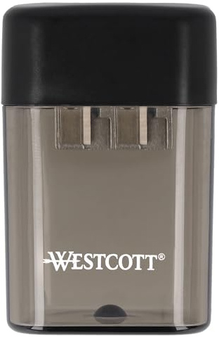 Westcott Temperamatite con contenitore | doppio temperamatite con scatola per matite da 8 mm e 11 mm | Temperamatite con inserto in metallo | Temperamatite con contenitore di raccolta in nero |