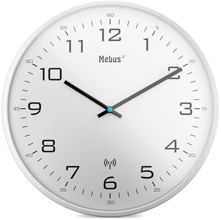 Mebus 13080 Horloge Murale Radio-pilotée silencieuse avec Cadre Blanc et Cadran Blanc Idéal pour Le Salon et la Cuisine 30 cm