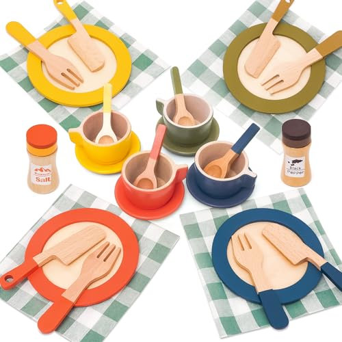 FUNCREVITY Accessori da cucina per bambini, set di stoviglie in legno per bambini, accessori da cucina con tovaglia, stoviglie per bambole, servizio da tè per bambini, accessori da cucina in legno,