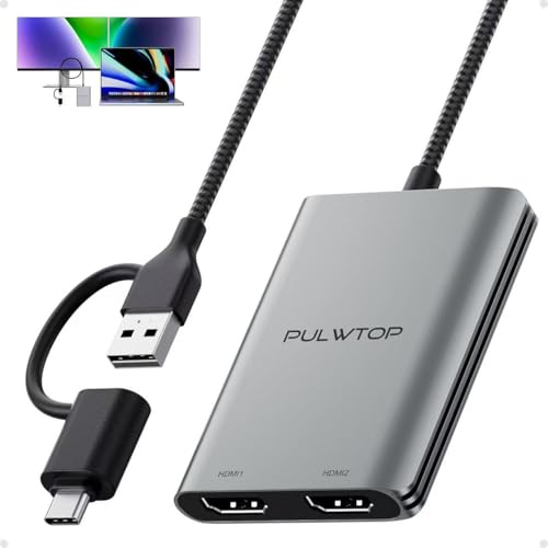 PULWTOP Displaylink-adapter, USB-C till HDMI-adapter med dubbel skärm 4K@60Hz för Mac M1/M2/M3/M4 och Windows, Thunderbolt 3/4, USB 3.0 eller USB-C, drivrutiner krävs