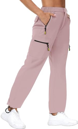 Rapbin Pantalones cargo para mujer de senderismo y caminata 2025, ligeros, de secado rápido, resistentes al agua, con bolsillos con cremallera para exterior, Gris y rosa., S
