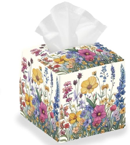 DELORIGIN Wild Flowers Square Tissue Box Holder, Vintage Floral Tissue Box Cover, Foldable Tissue Storage Box, Waterproof Paper Towel Case, Multicolor