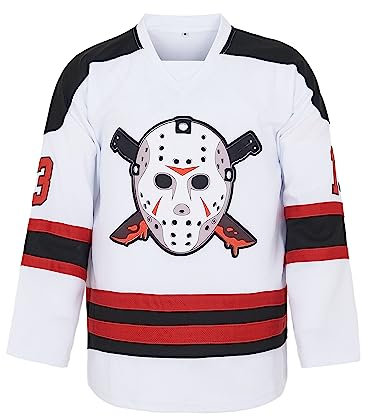 Herren Voorhees 13 Movie Eishockey Trikot Halloween Stitched, Weiss/opulenter Garten, 3X-Groß