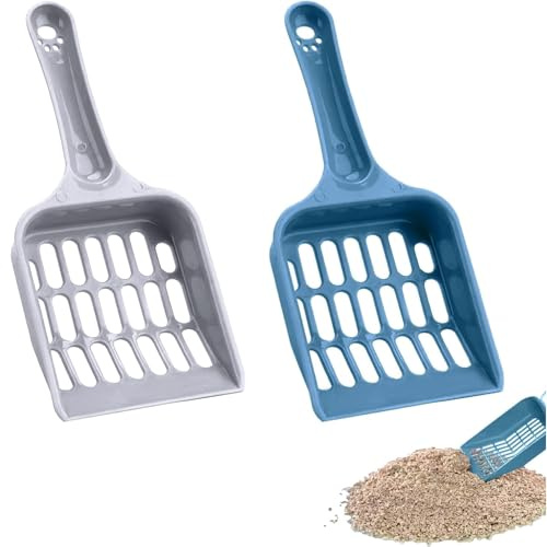 2 Pcs Cat Litter Scoop Set, Durable Plastic Poop Sifter, Handy Sand Sieve Cleaning Shovel, Strong Waste Removal Tool for Easy Litter Box Cleaning, Suitable for Cat Owners(Blue, Grey)
