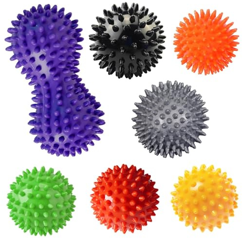 Set de 7 Pelotas de Masaje con Púas/Erizadas - Pelota de Fascia - Bolas Duras y de para Pies, Espalda, Manos y Piernas - Ayudan a Relajar los Músculos con Tensión