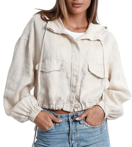 Amazhiyu Women's Pure Linen Button Front Long Sleeve Drawstring Hooded Jacket Coat Flax, Medium