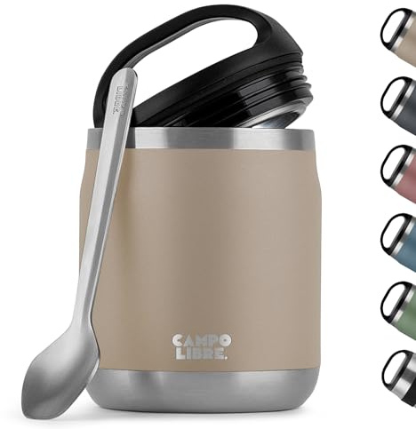 Campo Libre.® Lotta, Thermobehälter für Essen, Edelstahl Thermobecher Essen mit Löffel, Warmhaltebehälter Essen, Mueslicup oder Babybrei Warmhaltebox, Thermo-Essensbehälter, Beige, 600ml