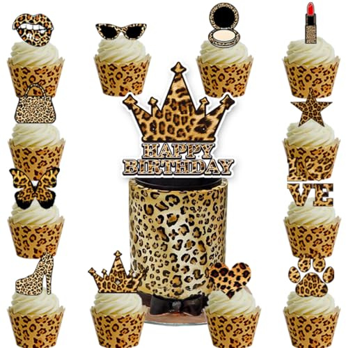 Decoración para Tartas Leopardo,Doyomtoy Decoración de Cumpleaños Leopardo Topper de Tarta Cupcake Toppers Happy Birthday para Niños Cumpleaños 13 piezas