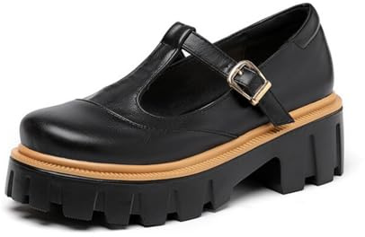 Mujer Correa En T Mary Janes con Hebilla Punta Redonda Cuero PU Zapatos De Plataforma Tacón Grueso Zapatos De Vestir Retro,Negro,38 EU
