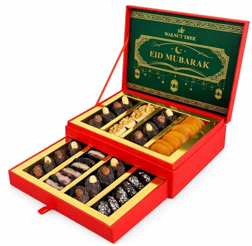 Walnut Tree Luxury Two-Tier Medjool Dates Gift Box for Eid Mubarak – Hand-Packed Gourmet Dates with Nuts, Chocolate, Marzipan, Walnut & Apricots, 750g
