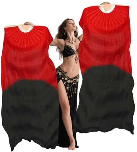 Nimiman Women 1 Pair (Left+Right) Silk Belly Dance Fans Veil Belly Dancing Long Folding Fans Length 180 cm Width 90 cm (Red Black)