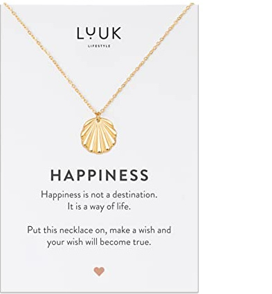 LUUK LIFESTYLE Filigrane Edelstahlkette mit Muschel Anhänger und HAPPINESS Spruchkarte, Geschenkidee, Strandschmuck, raffinierter Stil, Rosé