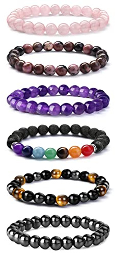 JeweBella 6 st armband i natursten, pärla, herr, dam, kvarts, rosa, ametist, svart, onyx, tigeröga, armband, par, stretch, armband, smycken, 17 cm, Sten