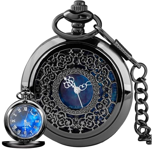 Tiong Exquise Starry Blue Hollow Case Quartz Pocket Watch Roman Numerals Retro Watches Souvenir Men Women Gift