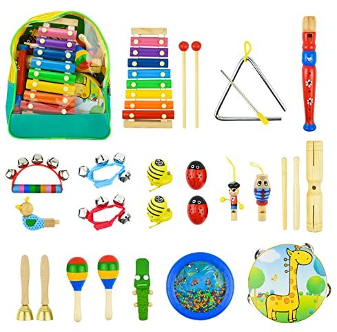 27Pcs Wooden Percussion Instruments Music Toys, Kikuo Musical Instruments Set for Toddler, Baby Musical Instruments for 0-6 Months, 1 Year Olds-Promotes Early Development-Backpack Included