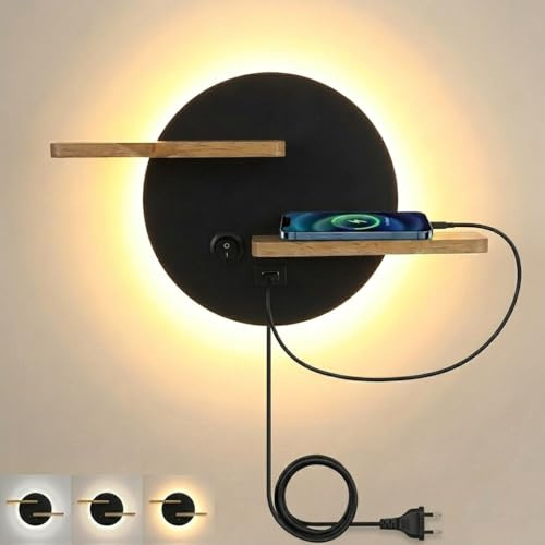 KZT Aplique de Pared con Interruptor y Enchufe, LED 9W Lampara Lectura Cama Puerto de Carga USB, Lámpara de Pared en madera 3000K Blanco Cálido Iluminación para Dormitorio Salón Oficina Hotel