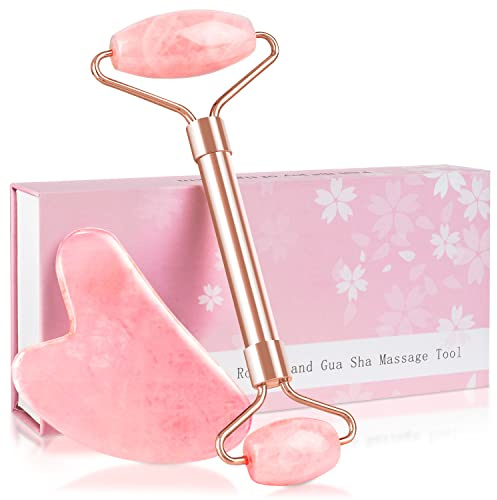 ZS ZESHIN Jade Roller & GuaSha Set-Facial Beauty Roller Skin Care Tools, Rose Quartz Massager for Face, Eyes, Neck, Body to Relieve Wrinkles,Fine Line and Eyepuffiness