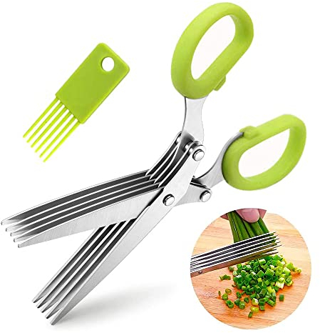 Kräuterschere, Küchenschere Edelstahl 5 Klingen mit Reinigung Kamm, Gewürzschere,Kräuterscheren, Gemüseschere zum Zerkleinern von Frühlingszwiebeln, Schnittlauch,Kräuter